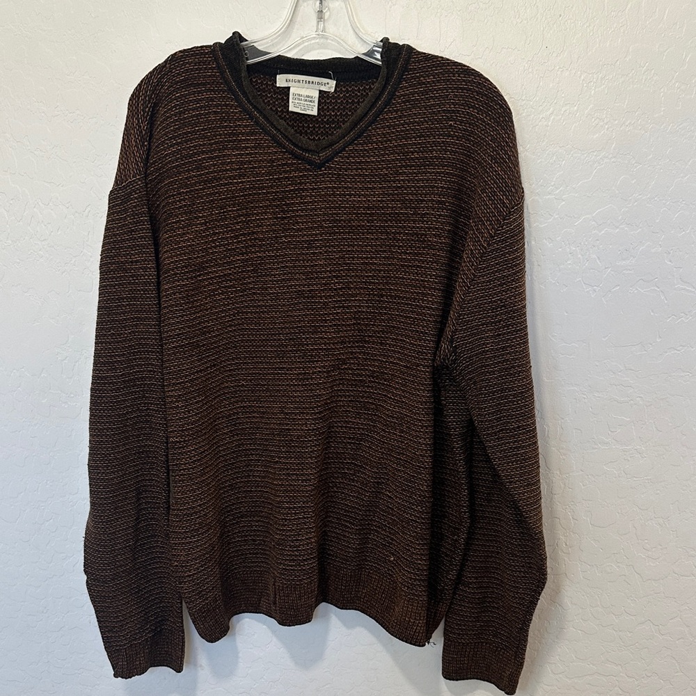 Vtg Dark Brown‎ V-Neck Sweater men’s XL pull over grandpa textured knit granola